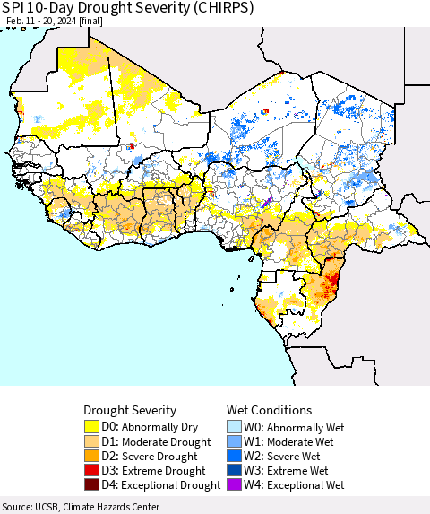 Western Africa SPI 10-Day Drought Severity (CHIRPS) Thematic Map For 2/11/2024 - 2/20/2024