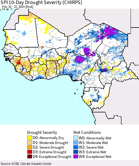 Western Africa SPI 10-Day Drought Severity (CHIRPS) Thematic Map For 2/16/2024 - 2/25/2024