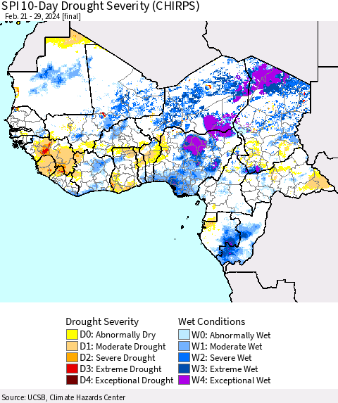 Western Africa SPI 10-Day Drought Severity (CHIRPS) Thematic Map For 2/21/2024 - 2/29/2024