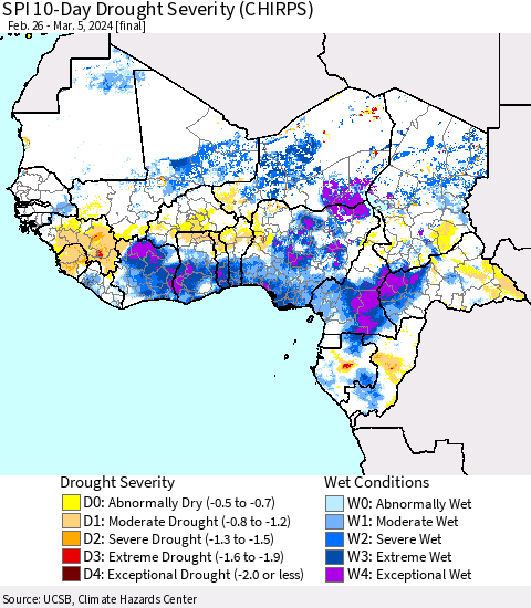 Western Africa SPI 10-Day Drought Severity (CHIRPS) Thematic Map For 2/26/2024 - 3/5/2024