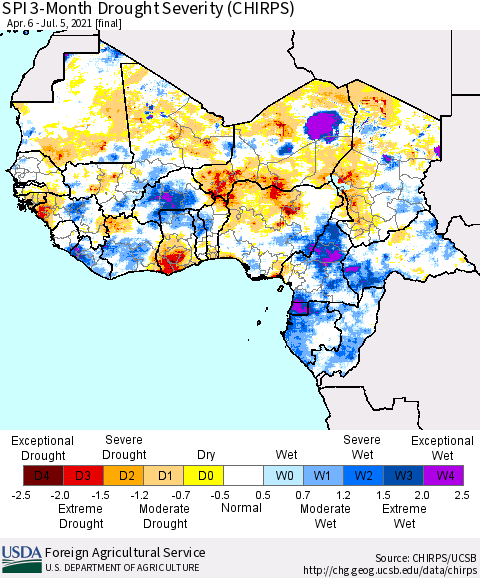 Western Africa SPI 3-Month Drought Severity (CHIRPS) Thematic Map For 4/6/2021 - 7/5/2021