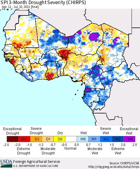 Western Africa SPI 3-Month Drought Severity (CHIRPS) Thematic Map For 4/11/2021 - 7/10/2021