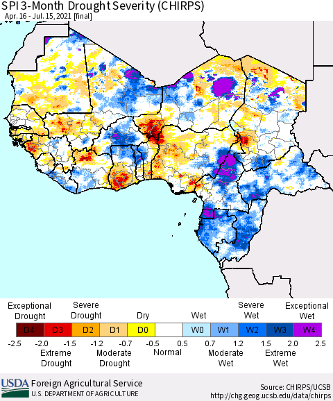 Western Africa SPI 3-Month Drought Severity (CHIRPS) Thematic Map For 4/16/2021 - 7/15/2021