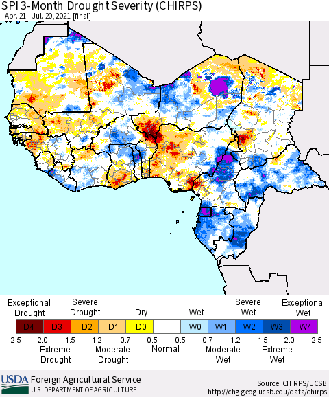 Western Africa SPI 3-Month Drought Severity (CHIRPS) Thematic Map For 4/21/2021 - 7/20/2021