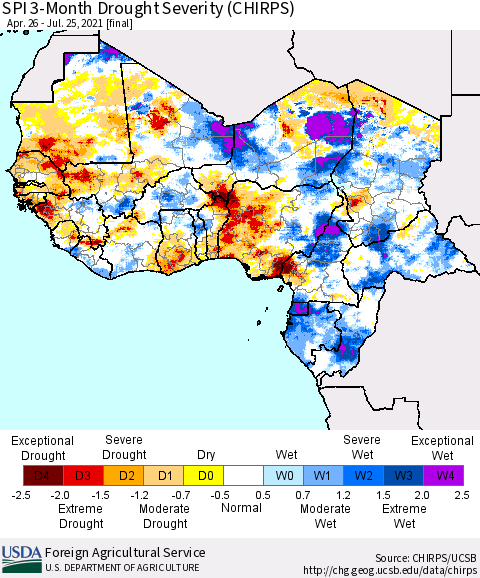 Western Africa SPI 3-Month Drought Severity (CHIRPS) Thematic Map For 4/26/2021 - 7/25/2021