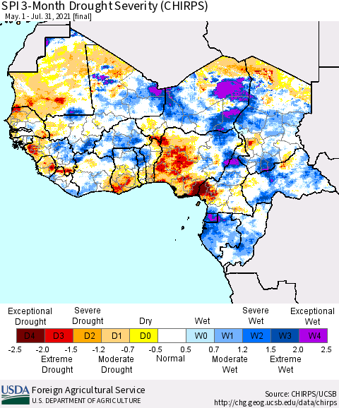 Western Africa SPI 3-Month Drought Severity (CHIRPS) Thematic Map For 5/1/2021 - 7/31/2021