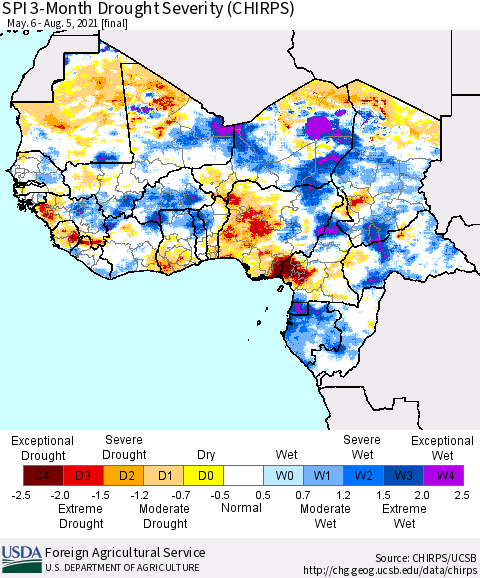 Western Africa SPI 3-Month Drought Severity (CHIRPS) Thematic Map For 5/6/2021 - 8/5/2021