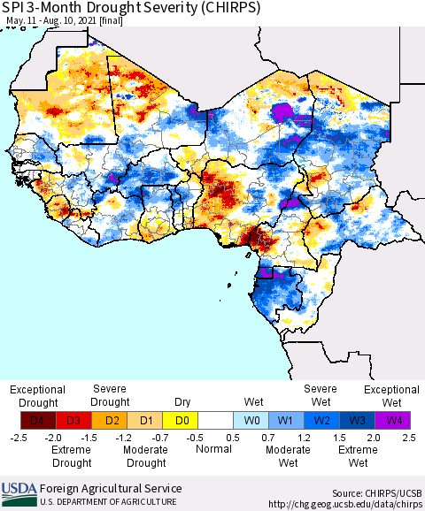 Western Africa SPI 3-Month Drought Severity (CHIRPS) Thematic Map For 5/11/2021 - 8/10/2021