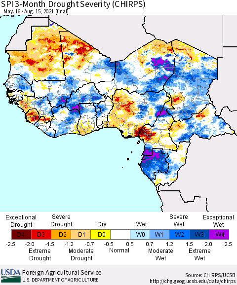 Western Africa SPI 3-Month Drought Severity (CHIRPS) Thematic Map For 5/16/2021 - 8/15/2021