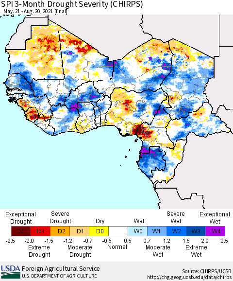 Western Africa SPI 3-Month Drought Severity (CHIRPS) Thematic Map For 5/21/2021 - 8/20/2021