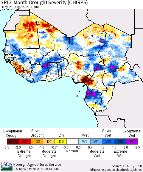 Western Africa SPI 3-Month Drought Severity (CHIRPS) Thematic Map For 5/26/2021 - 8/25/2021