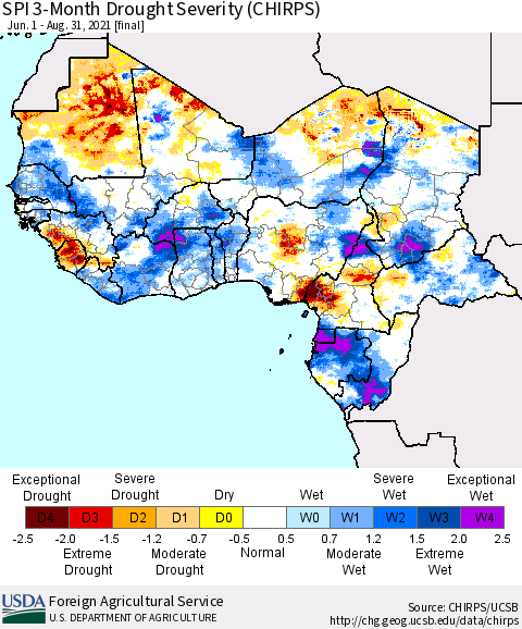 Western Africa SPI 3-Month Drought Severity (CHIRPS) Thematic Map For 6/1/2021 - 8/31/2021