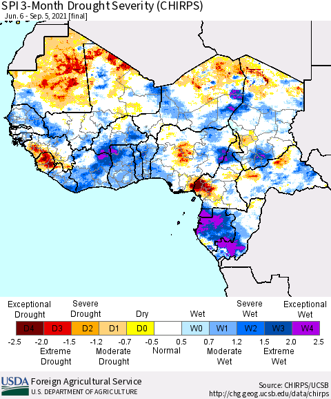 Western Africa SPI 3-Month Drought Severity (CHIRPS) Thematic Map For 6/6/2021 - 9/5/2021