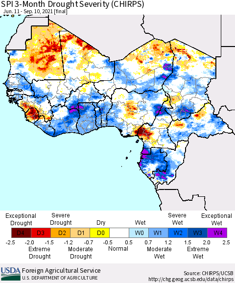 Western Africa SPI 3-Month Drought Severity (CHIRPS) Thematic Map For 6/11/2021 - 9/10/2021