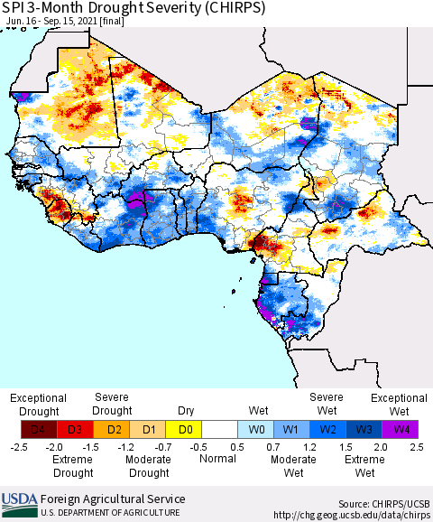 Western Africa SPI 3-Month Drought Severity (CHIRPS) Thematic Map For 6/16/2021 - 9/15/2021