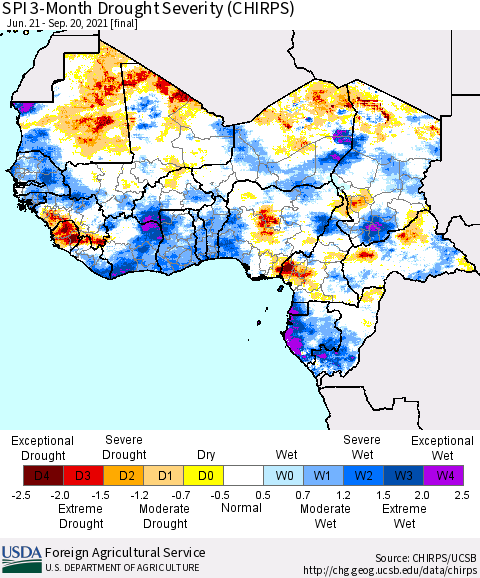 Western Africa SPI 3-Month Drought Severity (CHIRPS) Thematic Map For 6/21/2021 - 9/20/2021