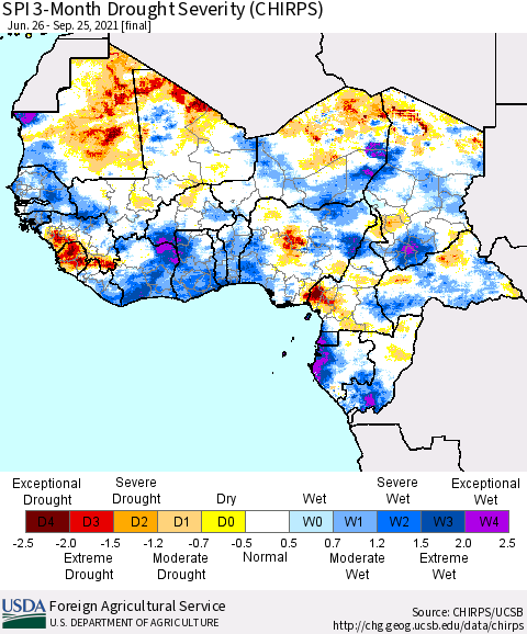 Western Africa SPI 3-Month Drought Severity (CHIRPS) Thematic Map For 6/26/2021 - 9/25/2021