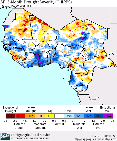 Western Africa SPI 3-Month Drought Severity (CHIRPS) Thematic Map For 7/11/2021 - 10/10/2021