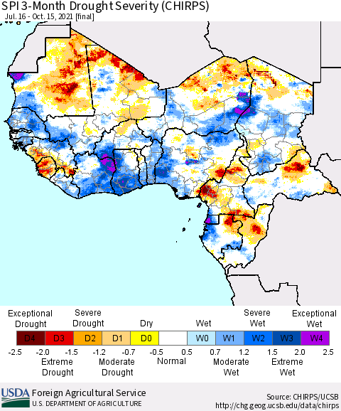 Western Africa SPI 3-Month Drought Severity (CHIRPS) Thematic Map For 7/16/2021 - 10/15/2021