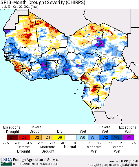 Western Africa SPI 3-Month Drought Severity (CHIRPS) Thematic Map For 7/21/2021 - 10/20/2021