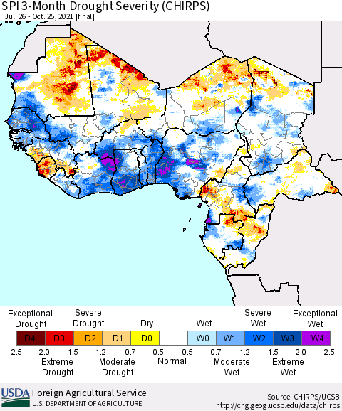 Western Africa SPI 3-Month Drought Severity (CHIRPS) Thematic Map For 7/26/2021 - 10/25/2021