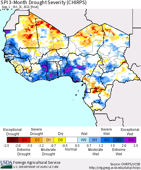 Western Africa SPI 3-Month Drought Severity (CHIRPS) Thematic Map For 8/1/2021 - 10/31/2021