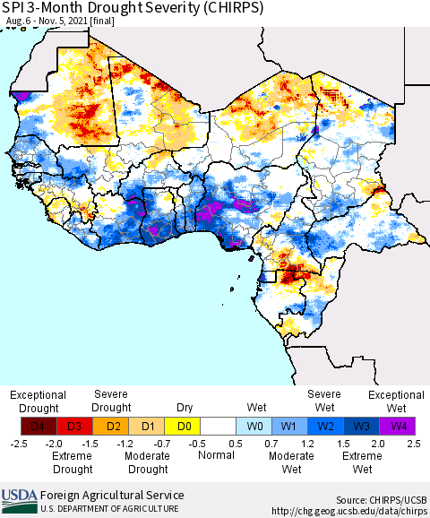 Western Africa SPI 3-Month Drought Severity (CHIRPS) Thematic Map For 8/6/2021 - 11/5/2021