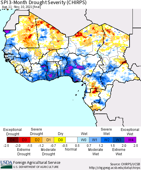 Western Africa SPI 3-Month Drought Severity (CHIRPS) Thematic Map For 8/11/2021 - 11/10/2021
