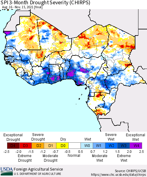 Western Africa SPI 3-Month Drought Severity (CHIRPS) Thematic Map For 8/16/2021 - 11/15/2021