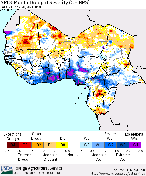 Western Africa SPI 3-Month Drought Severity (CHIRPS) Thematic Map For 8/21/2021 - 11/20/2021