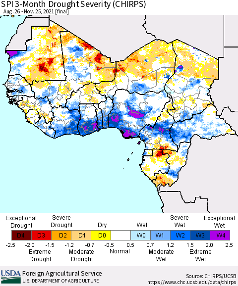 Western Africa SPI 3-Month Drought Severity (CHIRPS) Thematic Map For 8/26/2021 - 11/25/2021
