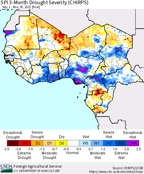 Western Africa SPI 3-Month Drought Severity (CHIRPS) Thematic Map For 9/1/2021 - 11/30/2021
