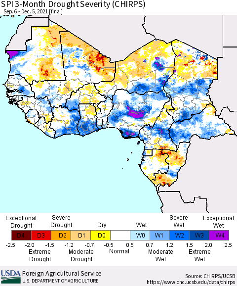 Western Africa SPI 3-Month Drought Severity (CHIRPS) Thematic Map For 9/6/2021 - 12/5/2021