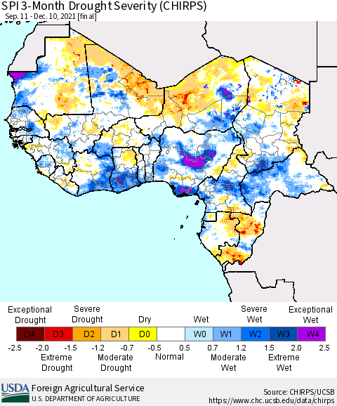 Western Africa SPI 3-Month Drought Severity (CHIRPS) Thematic Map For 9/11/2021 - 12/10/2021