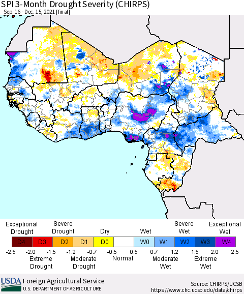 Western Africa SPI 3-Month Drought Severity (CHIRPS) Thematic Map For 9/16/2021 - 12/15/2021