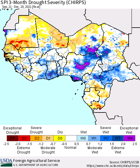 Western Africa SPI 3-Month Drought Severity (CHIRPS) Thematic Map For 9/21/2021 - 12/20/2021