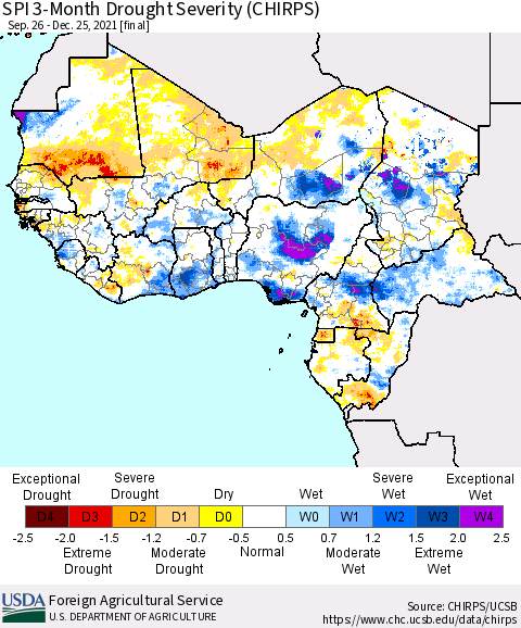 Western Africa SPI 3-Month Drought Severity (CHIRPS) Thematic Map For 9/26/2021 - 12/25/2021