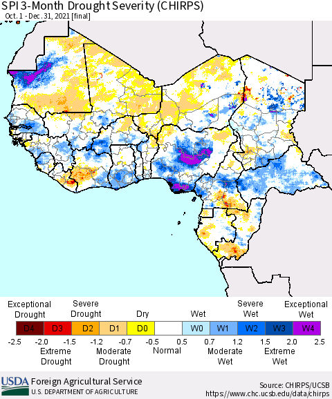Western Africa SPI 3-Month Drought Severity (CHIRPS) Thematic Map For 10/1/2021 - 12/31/2021