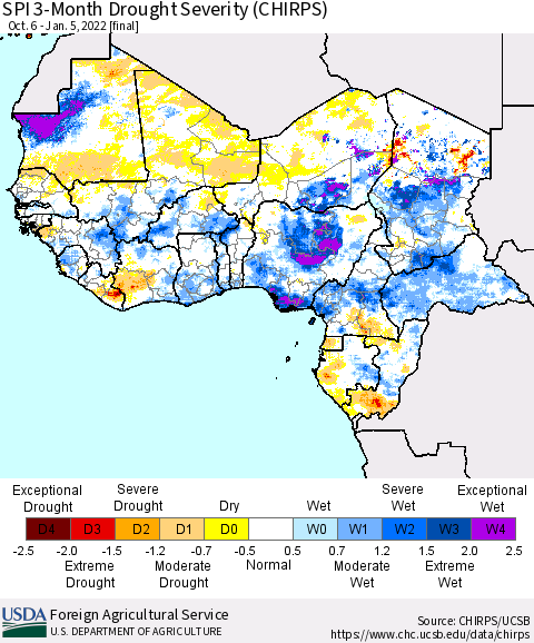 Western Africa SPI 3-Month Drought Severity (CHIRPS) Thematic Map For 10/6/2021 - 1/5/2022