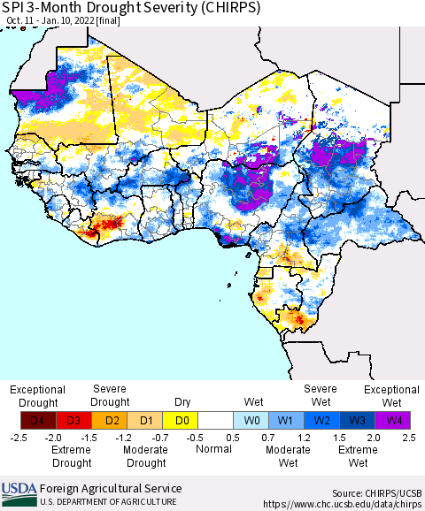 Western Africa SPI 3-Month Drought Severity (CHIRPS) Thematic Map For 10/11/2021 - 1/10/2022