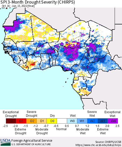 Western Africa SPI 3-Month Drought Severity (CHIRPS) Thematic Map For 10/16/2021 - 1/15/2022