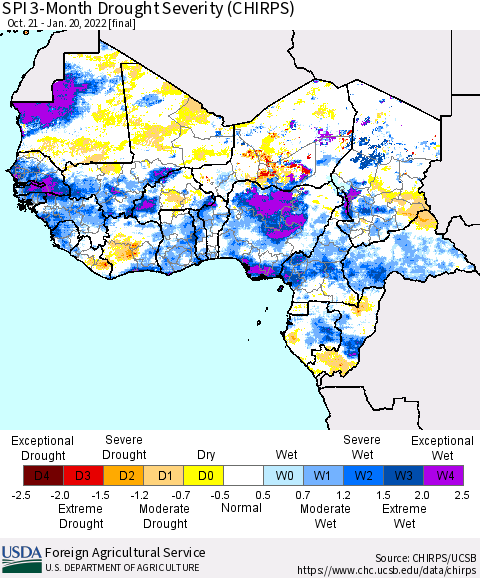 Western Africa SPI 3-Month Drought Severity (CHIRPS) Thematic Map For 10/21/2021 - 1/20/2022