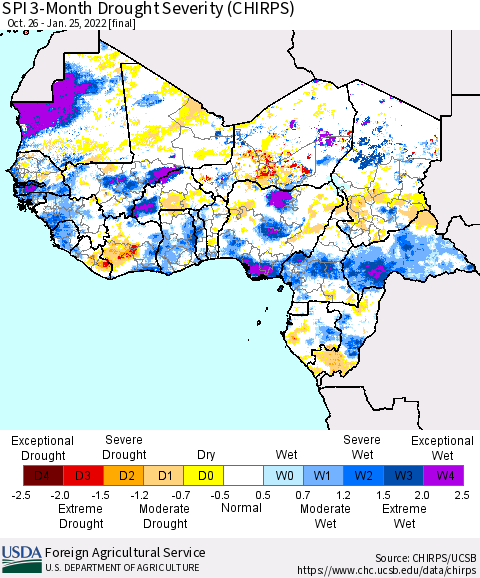 Western Africa SPI 3-Month Drought Severity (CHIRPS) Thematic Map For 10/26/2021 - 1/25/2022