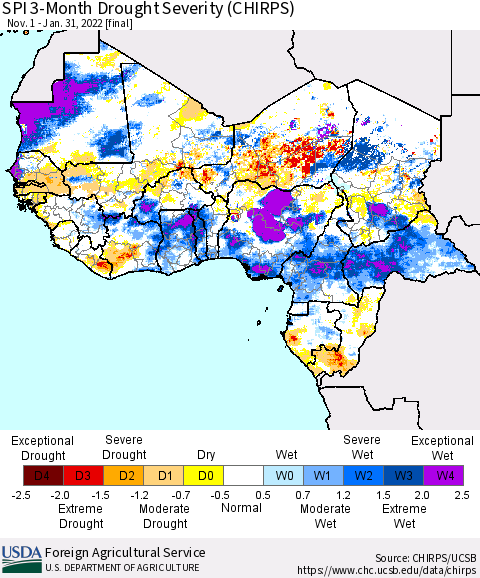 Western Africa SPI 3-Month Drought Severity (CHIRPS) Thematic Map For 11/1/2021 - 1/31/2022