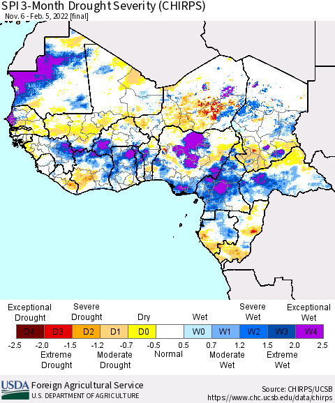 Western Africa SPI 3-Month Drought Severity (CHIRPS) Thematic Map For 11/6/2021 - 2/5/2022
