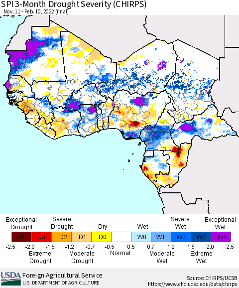 Western Africa SPI 3-Month Drought Severity (CHIRPS) Thematic Map For 11/11/2021 - 2/10/2022