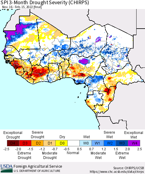 Western Africa SPI 3-Month Drought Severity (CHIRPS) Thematic Map For 11/16/2021 - 2/15/2022