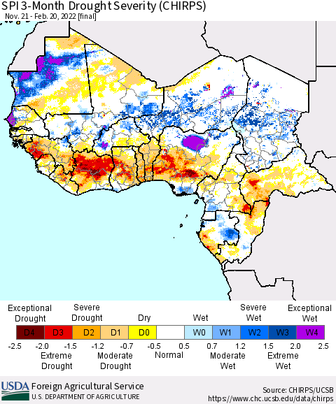 Western Africa SPI 3-Month Drought Severity (CHIRPS) Thematic Map For 11/21/2021 - 2/20/2022