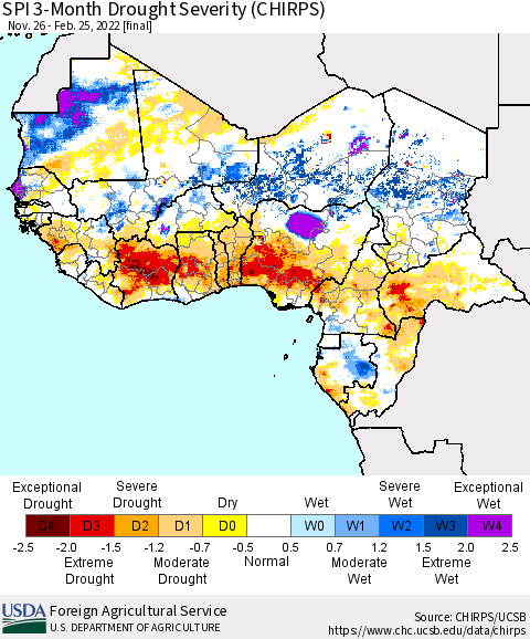 Western Africa SPI 3-Month Drought Severity (CHIRPS) Thematic Map For 11/26/2021 - 2/25/2022