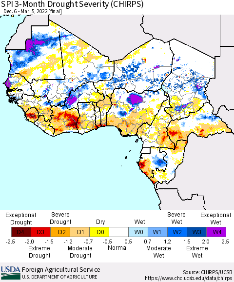 Western Africa SPI 3-Month Drought Severity (CHIRPS) Thematic Map For 12/6/2021 - 3/5/2022
